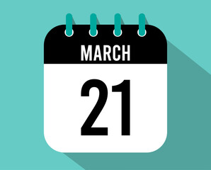 21 March calendar icon. Vector black for the month of March with shadow effect