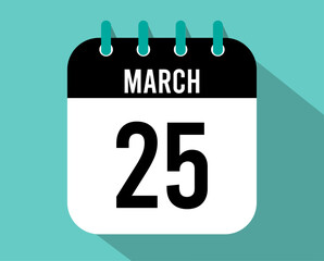 25 March calendar icon. Vector black for the month of March with shadow effect