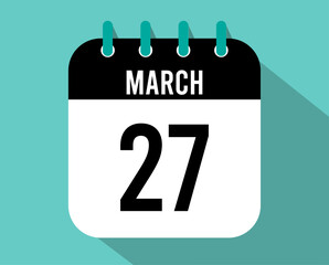 27 March calendar icon. Vector black for the month of March with shadow effect