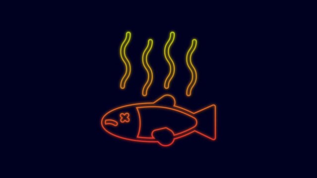 Glowing neon line Dead fish icon isolated on blue background. Rotten fish. 4K Video motion graphic animation