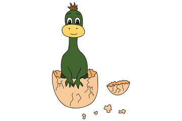 The picture depicts a dinosaur hatching from an egg, it is intended for children's books, cards, clothing prints, etc.