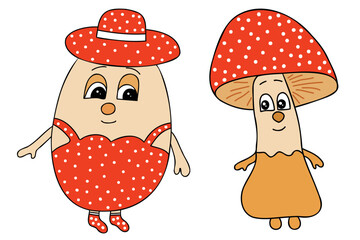 A poisonous mushroom with a face and a cloth mushroom, designed for books, cards, Christmas, clothing printing, etc.