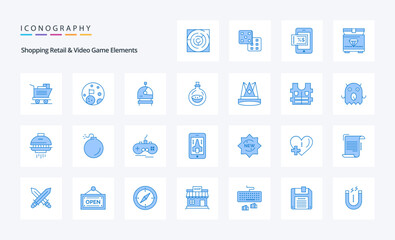 25 Shoping Retail And Video Game Elements Blue icon pack