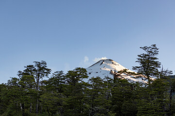 Villarrica volcano in the setting sun; Pucon, Chile 