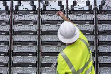 Engineer connecting energy storage batteries for back up power to an electric power plant