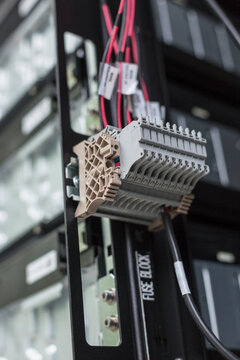 Close-up of a plastic electrical component with wiring