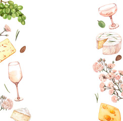 Watercolor wine and cheese template. Hand draw background with food objects. White wine bottle and glass, green grapes, cheese. Concept for wine list, label, banner, menu, flyer, brochure