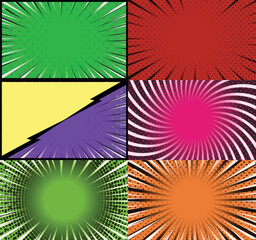 Comic book colorful frames background with halftone rays radial and dotted effects pop art style