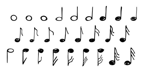 Music note doodle set. Hand drawn musical symbol. Elements for print, web, design, decor, logo