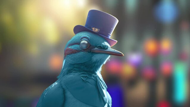 3D rendering, billionaire blue bird with three-piece suit and top hat. A cyan volatile aristocrat. Social blue blood bird.