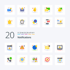 20 Notifications Flat Color icon Pack like laptop not browser message error