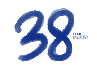 38 year anniversary celebration blue color logotype vector, 38 number design, 38th Birthday invitation, logo number design vector illustration, blue logo brushstroke illustration