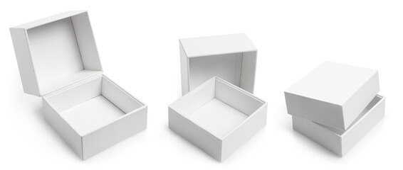 Collection of white empty carton boxes, isolated on white background