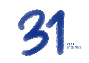 31 year anniversary celebration blue color logotype vector, 31 number design, 31th Birthday invitation, logo number design vector illustration, blue logo brushstroke illustration