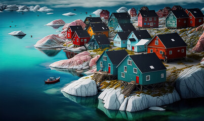 Picturesque village on coast of Greenland. digital art	 - obrazy, fototapety, plakaty