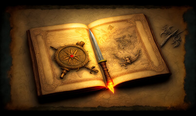 Fantasy background with ancient magic book and map