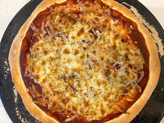 Homemade cheesy pizza with red sauce above shot
