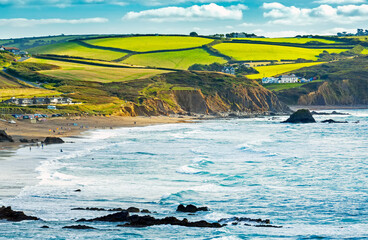 A patchwork of hilly fields bordered by trees and shrubs along the cliffs with blue sky and clouds; Cornwall County, England