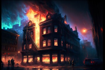 fire in the city in night 