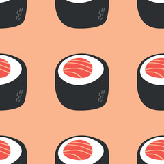 Japanese sushi roll pattern in hand drawn style. Asian food for restaurants menu