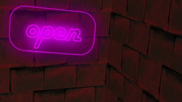 Open sign pink neon light swinging against brick wall 
