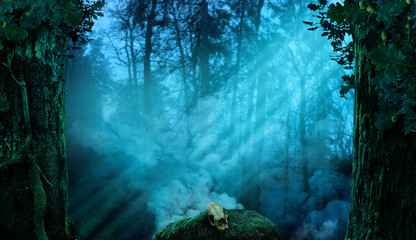 Smoke ritual in druid forest. Blue smoke over skull on mossy worship stone between old oak trees