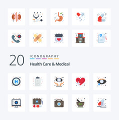 20 Health Care And Medical Flat Color icon Pack like ophthalmology eye care eye health heart health care