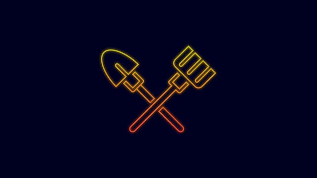 Glowing neon line Shovel and rake icon isolated on blue background. Tool for horticulture, agriculture, gardening, farming. Ground cultivator. 4K Video motion graphic animation