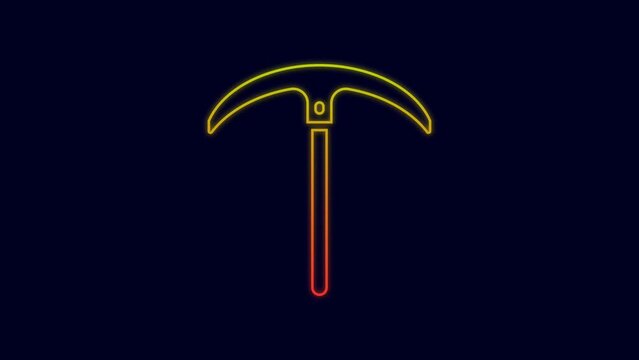 Glowing neon line Pickaxe icon isolated on blue background. 4K Video motion graphic animation