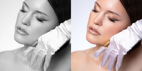 Elegant young girl in white gloves. Bright makeup. Gold jewelry.