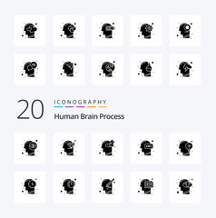 20 Human Brain Process Solid Glyph icon Pack like communication knowledge human mind human education