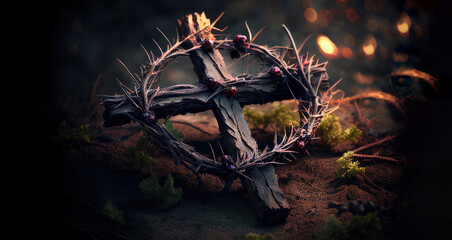  Rusty wreath of thorns at the cross, generative ai