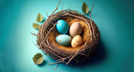 Naklejka na ściany i meble easter eggs in a nest, generative ai