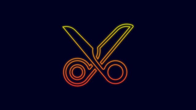 Glowing neon line Scissors icon isolated on blue background. Cutting tool sign. 4K Video motion graphic animation
