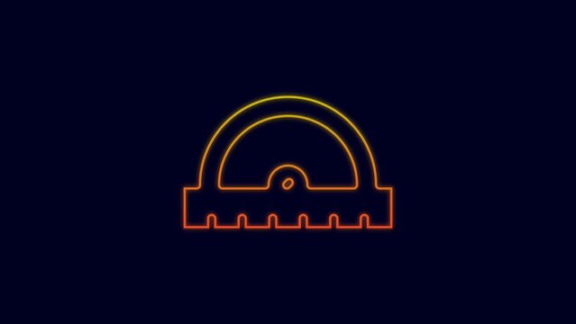 Glowing neon line Protractor grid for measuring degrees icon isolated on blue background. Tilt angle meter. Measuring tool. Geometric symbol. 4K Video motion graphic animation