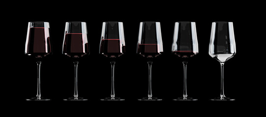 Row of glasses with red wine at gradually reduced levels on black background.