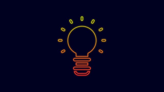 Glowing neon line Creative lamp light idea icon isolated on blue background. Concept ideas inspiration, invention, effective thinking, knowledge and education. 4K Video motion graphic animation