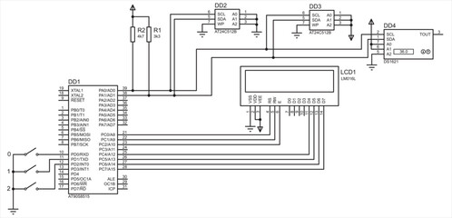Vector electrical schematic diagram of  electronic device of temperature measurement and
data transmission via I2C interface between temperature sensor, microcontroller and
external EEPROM memory.