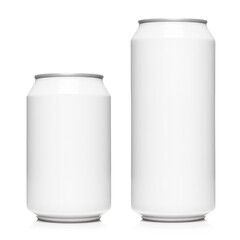 White 330ml and 500ml aluminium cans, isolated on white background