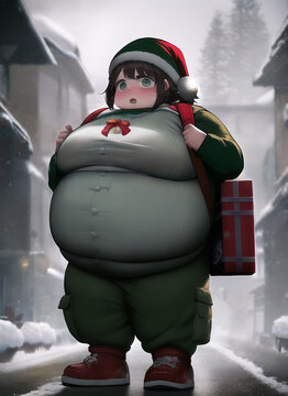 Plus Size Courier Girl Dressed As A Green Christmas Elf Stands Panting On The Street