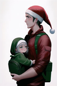 A young father in a santa hat holds his little daughter in a Christmas elf costume in a backpack. White background, isolated