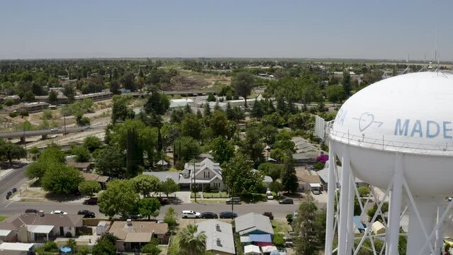 Madera California USA Drone Aerial City Establishing Shot of Water Tower