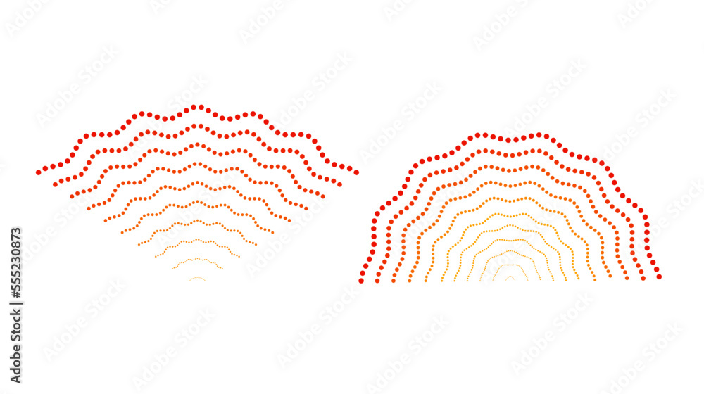 Poster Red rippled doted signals. Sonar or sound wave lines. Epicentre, target, radar, vibration element concepts. Radio pulsating signal.