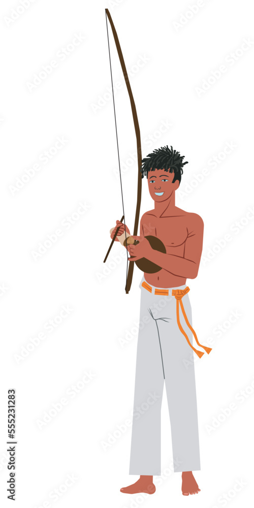 Wall mural brazilian capoeira man playing the instrument called berimbau. illustration isolated on white backgr