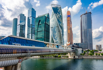 International Business Center (Moscow City) and Bagration bridge in Moscow, Russia - obrazy, fototapety, plakaty