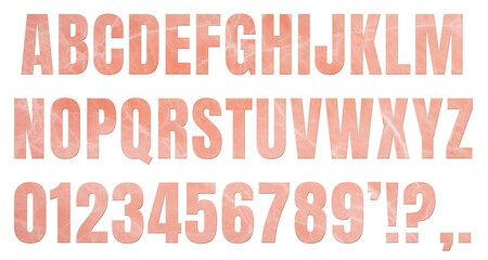 Isolated character set (alphabet uppercase letters, numbers, basic punctuation), rendered as a pink marble texture (soft, smooth and soothing irregular lines, pastel color palette).
