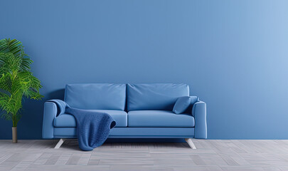 Fototapeta na wymiar a blue living room with a sofa and a plant - AI Generated