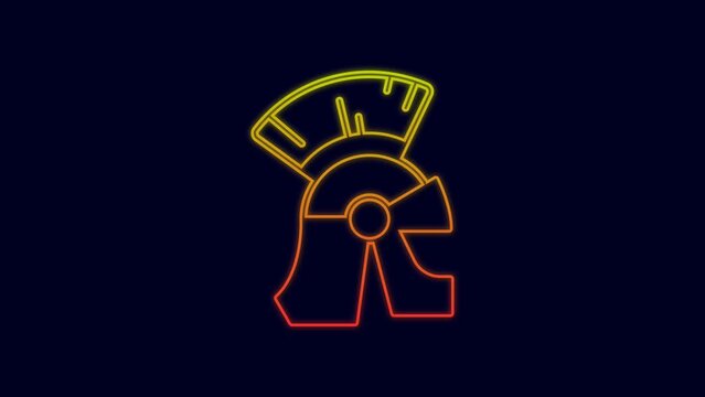 Glowing neon line Roman army helmet icon isolated on blue background. 4K Video motion graphic animation