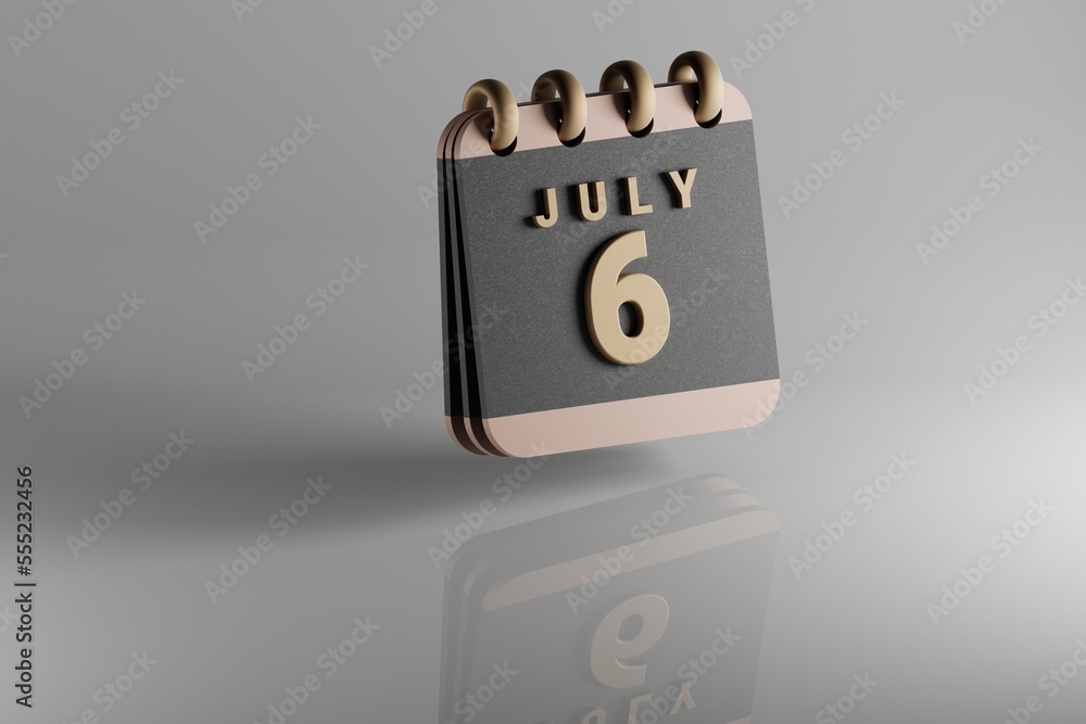 Poster Standing black and golden month lined desk calendar with date July 6. Modern design with golden elements, 3d rendering illustration. White ceramic reflection background...