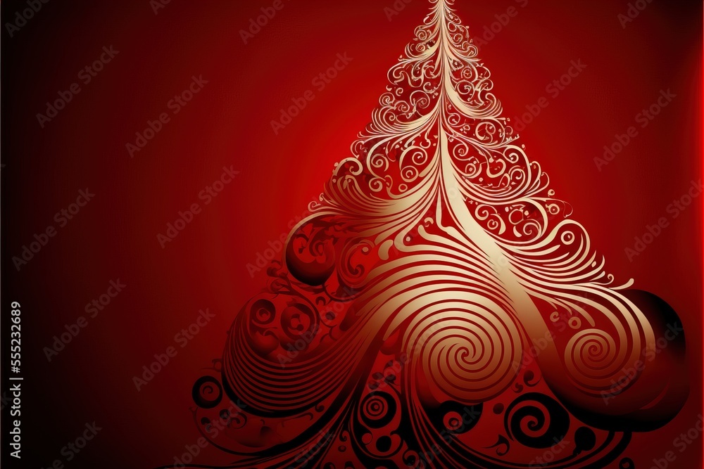 Poster a red christmas tree with swirls and swirls on it's sides. generative ai